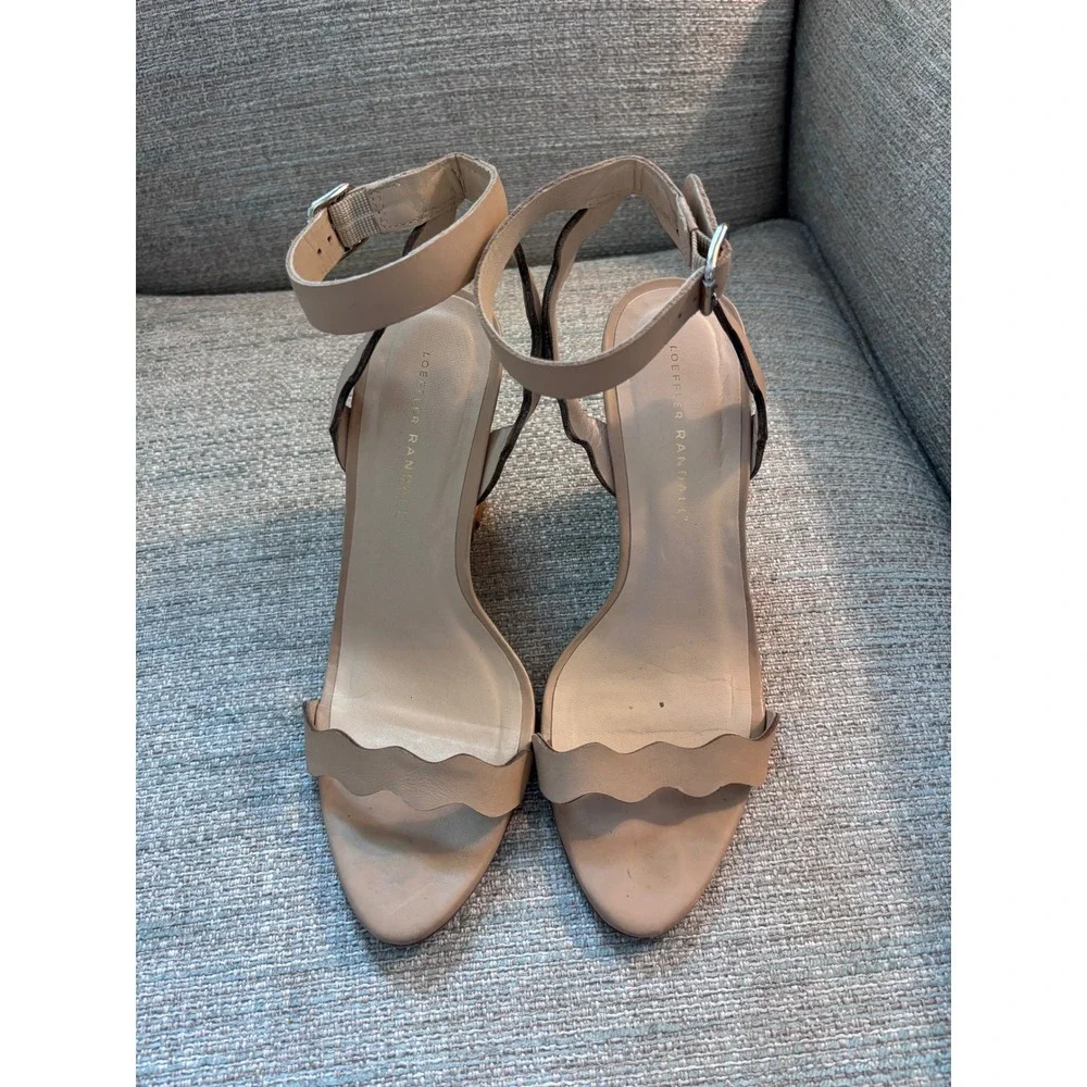 Loeffler Randall Emi Nude Leather Scalloped Wedge Sandals Ankle Strap Tan Size 8